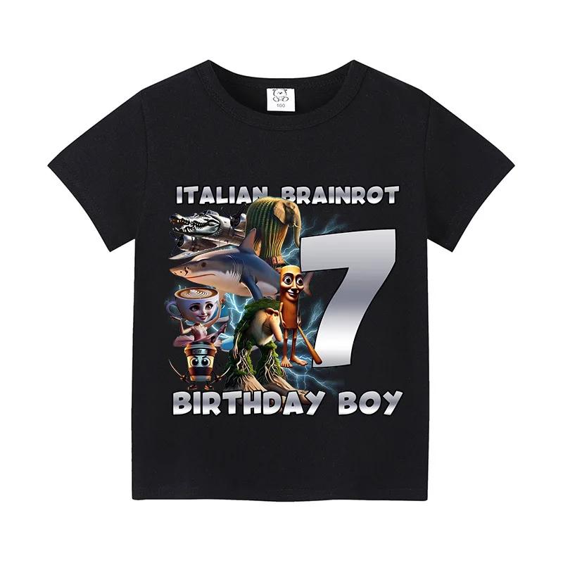 Italian Brainrot Shirts Birthday Number Short Sleeve T-Shirt Boy Cute Clothes Kid Cotton Anime Top Cartoon Digital Baby Tee Gift