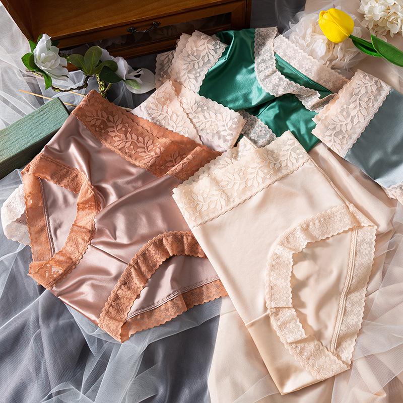 Ladies Spring and Summer Clash Color Lace Edge Naked Sense Without Trace Ice Silk High Waist Triangle Briefs