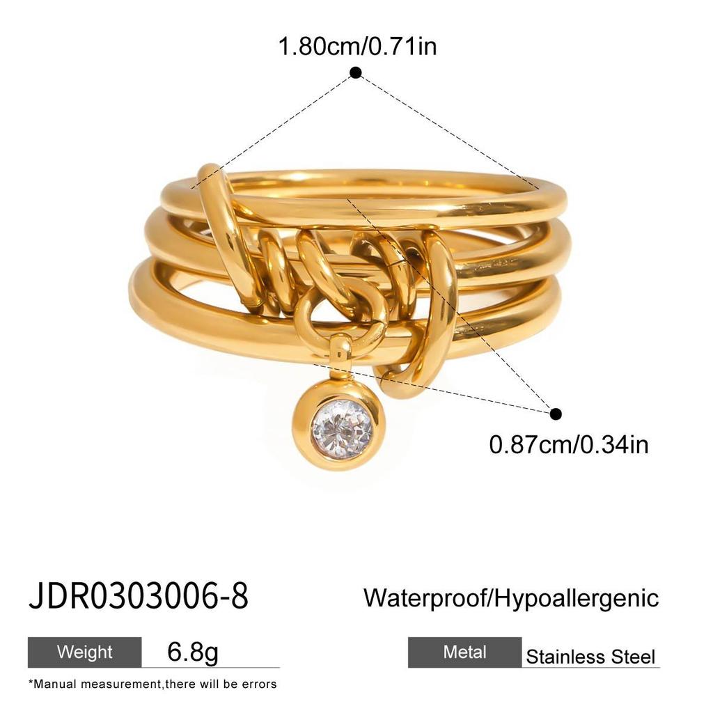Trendy Vintage Geometric Three Layered Stainless Steel Ring Woman 18K Gold Plated Cubic Zircon Fashion Stackable Rings