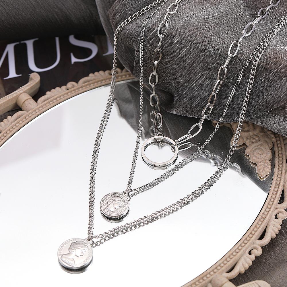 Gothic Queen's Portrait Coin Pendants Grunge Y2K Layer Chain Hip Hop Necklace Choker Stainless Steel Necklace For Women Zircon