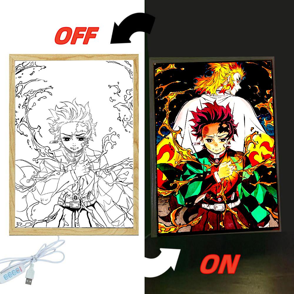 Anime Demon Slayer Action Figures Light Painting Photo Frame Tanjirou Nezuko Led Night Figurine Kimetsu No Yaiba Gifts Poseable Articulated Scale