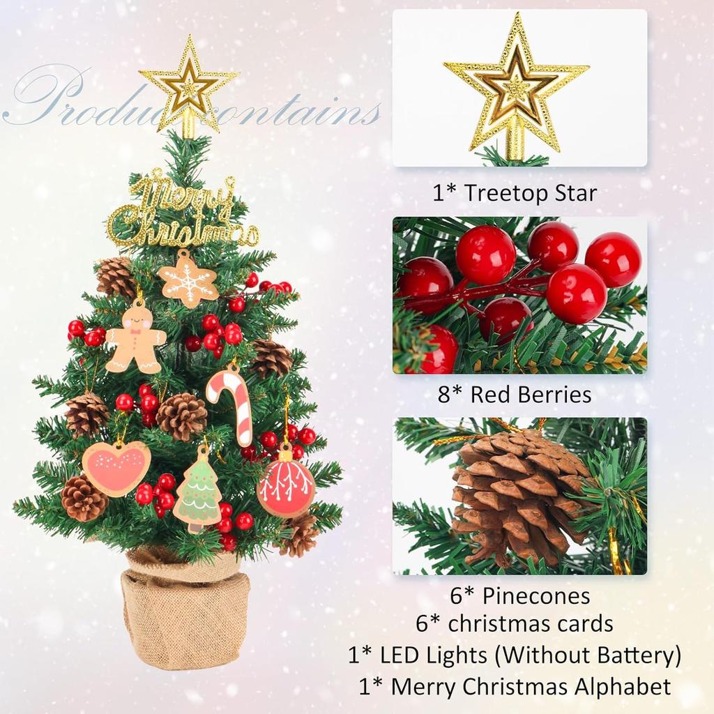 Artificial Mini Christmas Tree, 22Inch Tabletop Christmas Trees 65 Branch Tips Small XmasTrees with Ornaments for Indoor Desktop
