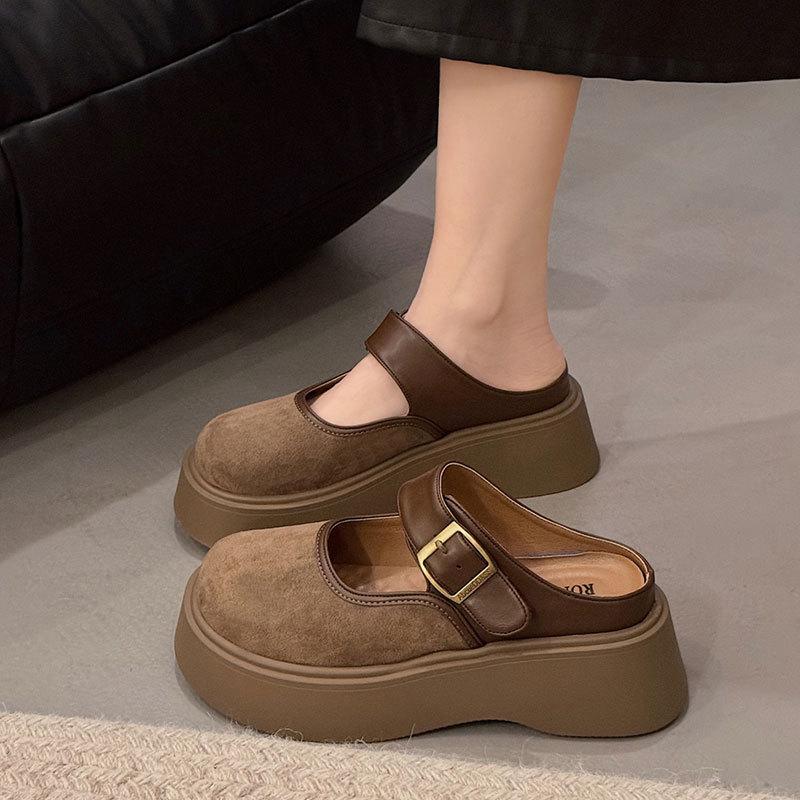 Height-increasing thick-soled belt decorative slippers women's 2025 autumn new Japanese retro versatile one-pedal bag head half-tow
