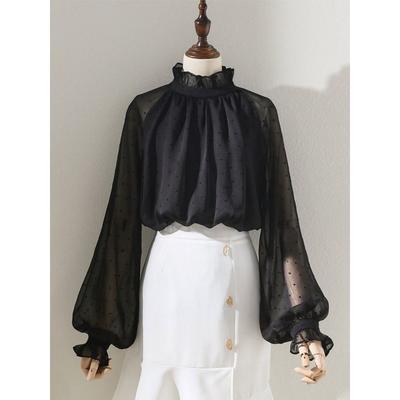 Black Polka Dot Fungus Collar Shirt for Women Spring and Autumn New Style Lantern Sleeve Stand Collar Thin Versatile Top