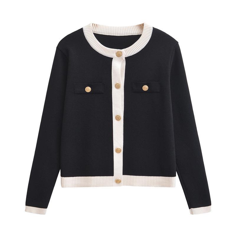 Dámský pletený kardigan se zlatými knoflíky, kulatý výstřih, dlouhý rukáv, dámský svrchní oděv, šik topy, móda