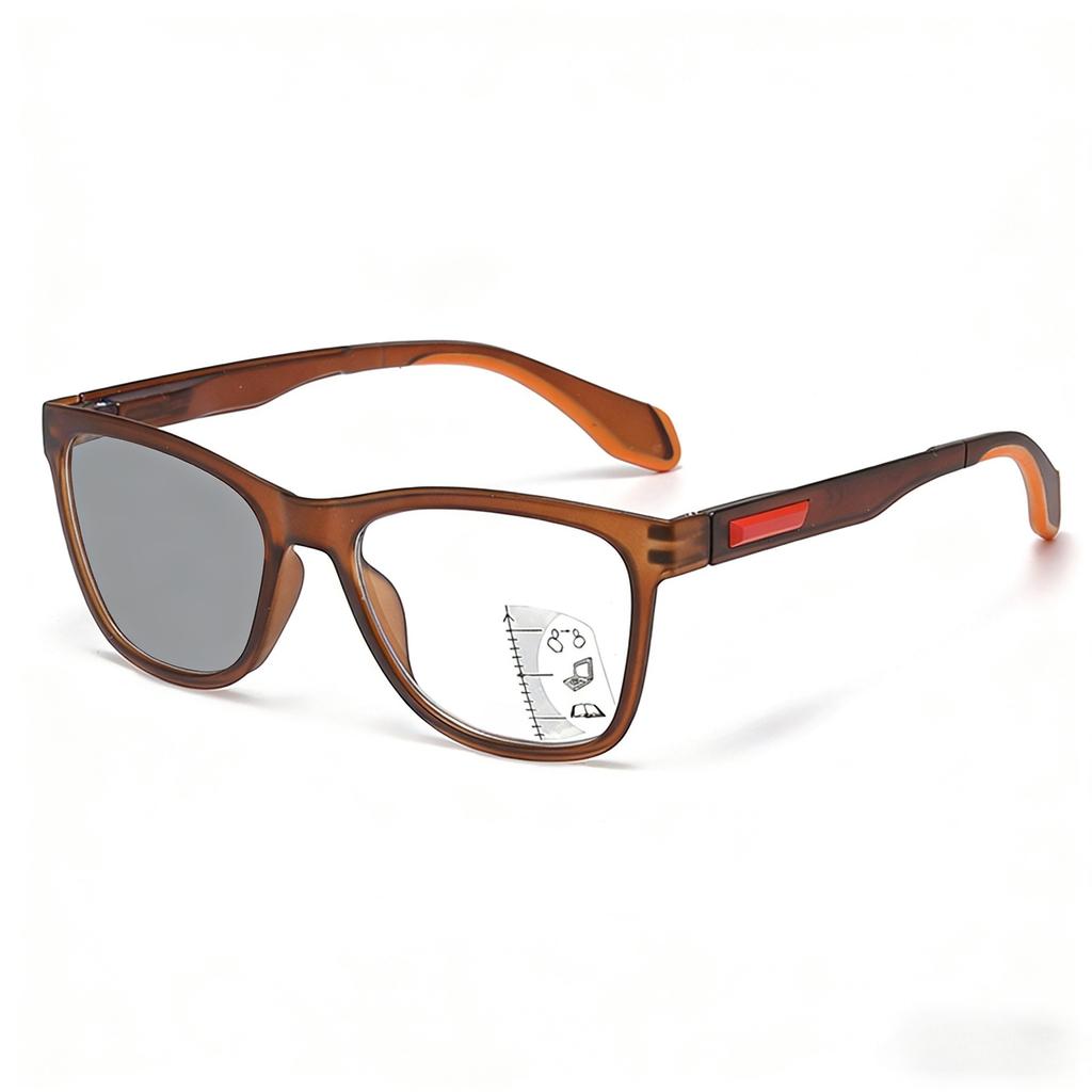 Square Frame Multifocal Photochromic Reading Glasses Men's Business Anti Blue Light Multifocal Degree Glasses Near and Away+4.0