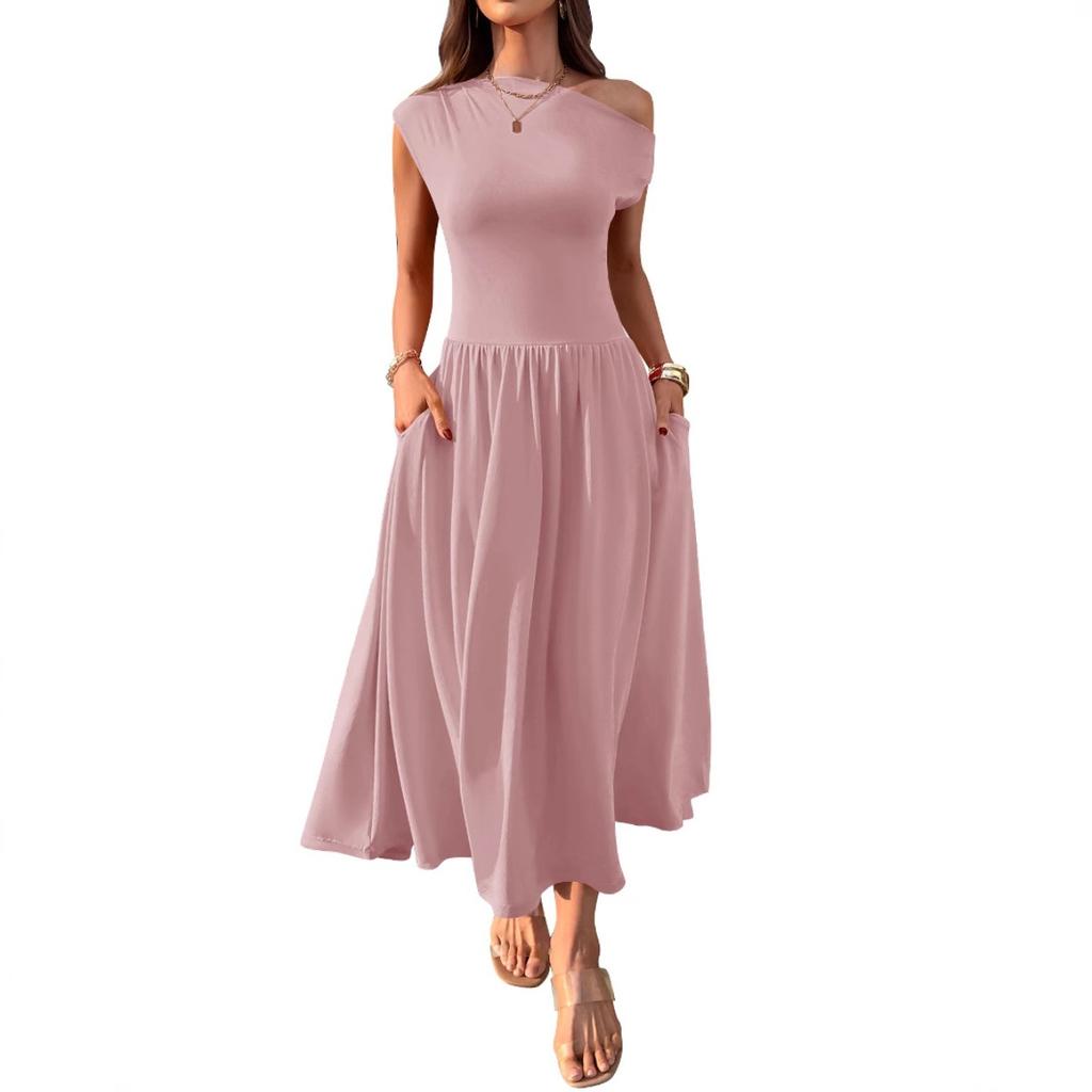 Women's Asymmetric Neck Sleeveless Maxi Dress Slim Fit Elastic Waist Casual Pocket Long Dress