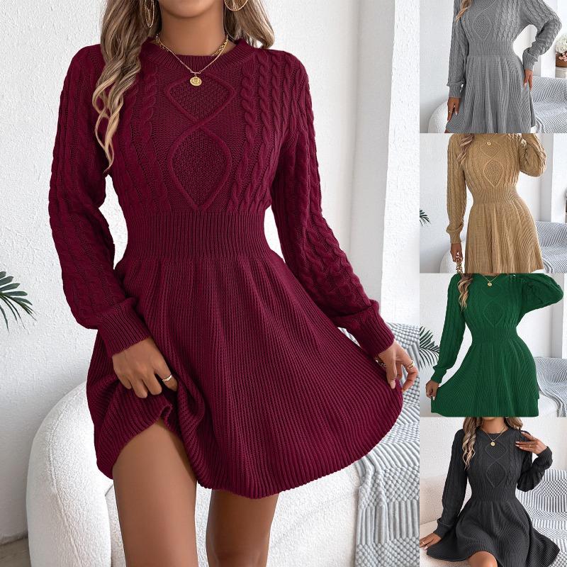 Casual Solid Color Twisted Waist Lantern Long Sleeve A Line Womens Sweater Dress