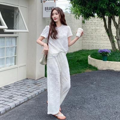 Heavy Industry Embroidery Lace Set Early Summer Wear Unique and Beautiful Short Sleeve Top Wide Leg Pants Two-piece Set