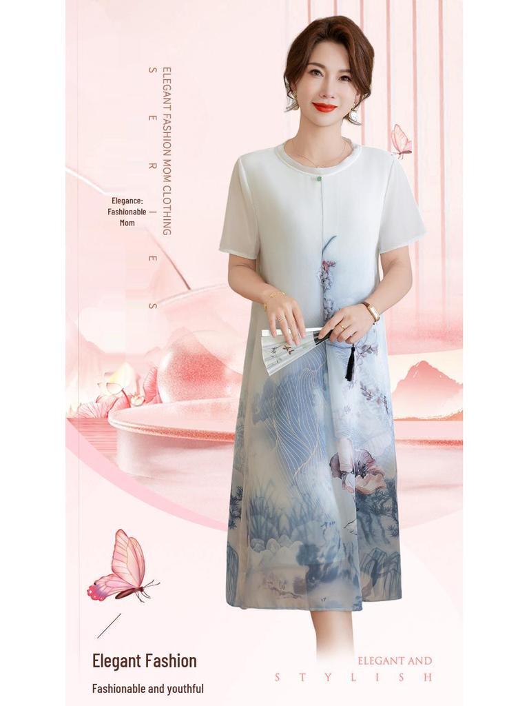 Summer Ice Silk Dress - Chinese-Style Knee-Length for Middle-Aged Women