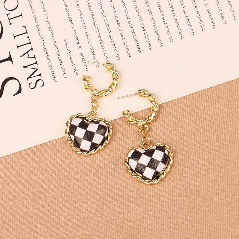 

925 Silver Heart Checkered Leather Earrings: Korean Style Black & White Grid Studs