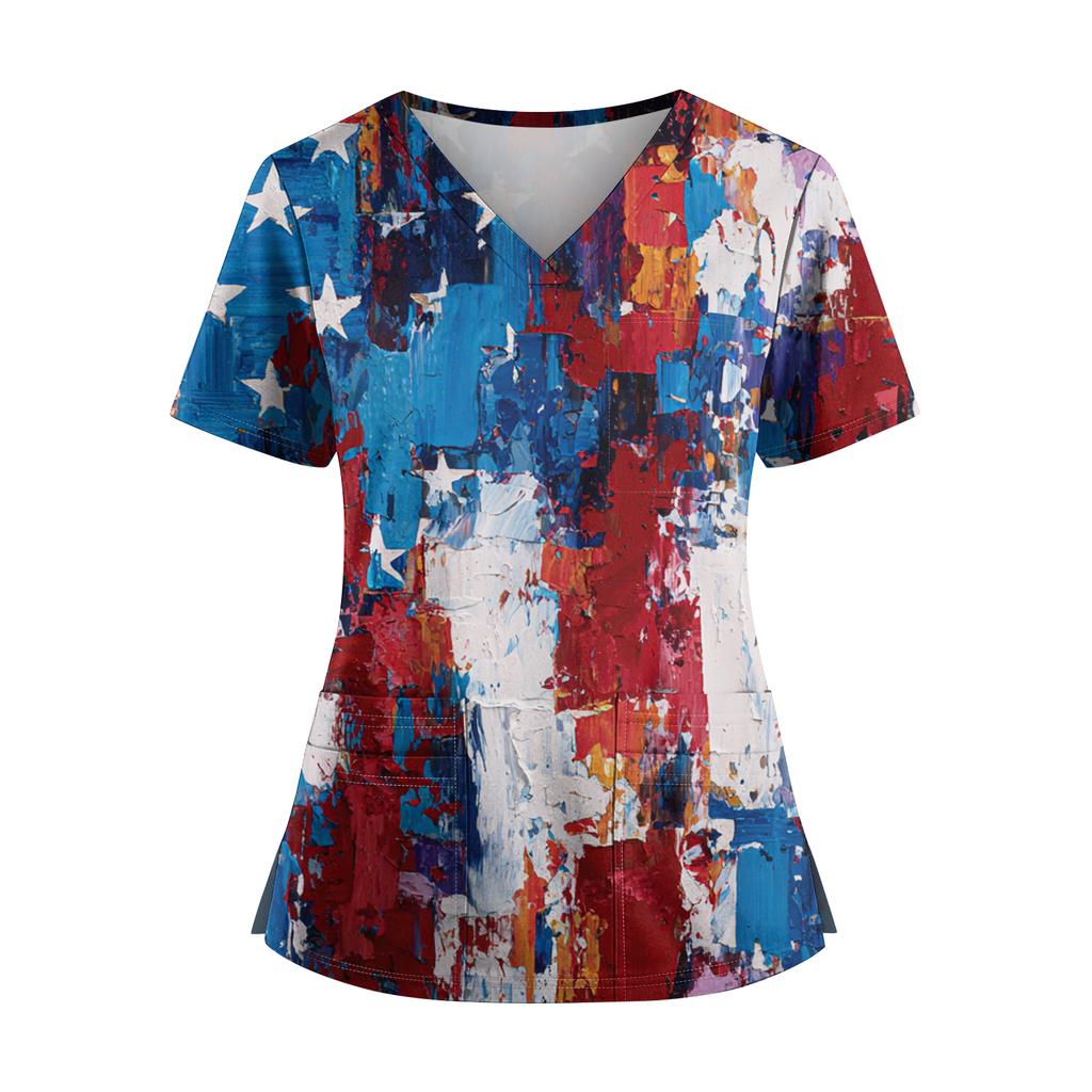 Women's Independence Day Print V-Neck Double Pocket Short Sleeve Uniform with Slit Hem - Caregiver Top