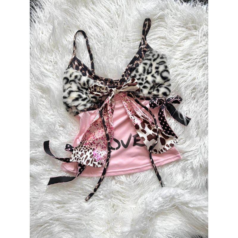 American Retro Shibuya Pink Memories Leopard Print Heart Polka Dot Bow Lveo Print Spicy Girl Camisole Top for Women Pink Memories Leopard Print Camisole S