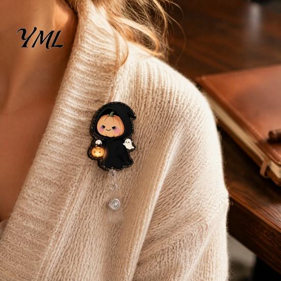 Retractable Badge Holder Halloween Reel, Cute Pumpkin And Grim Reaper Design, Acrylic Party Gift Smooth Pull Cord Clip for Nurse Doctor Teacher