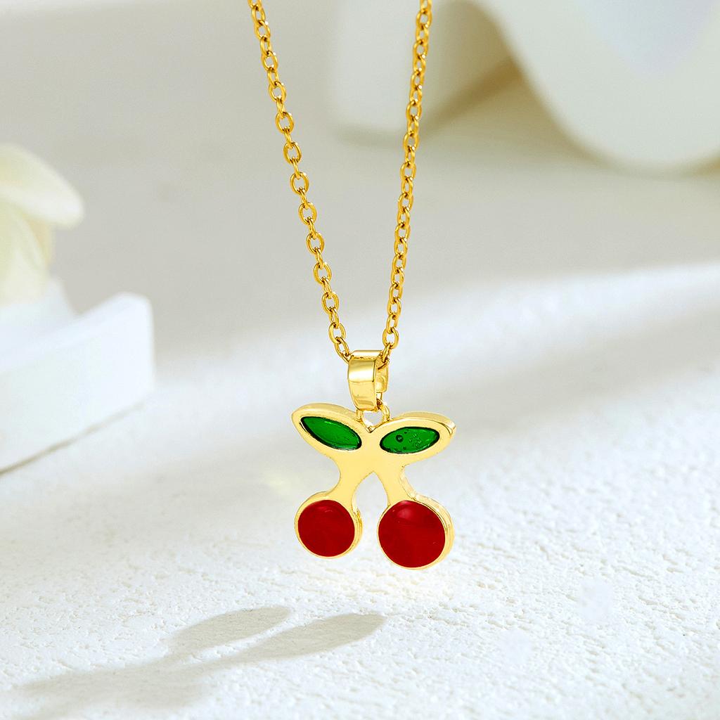 New Sweet and Cute Dripping Oil Strawberry Cherry Titanium Steel Necklace Female Simple Versatile Fruit Series Collarbone Chain