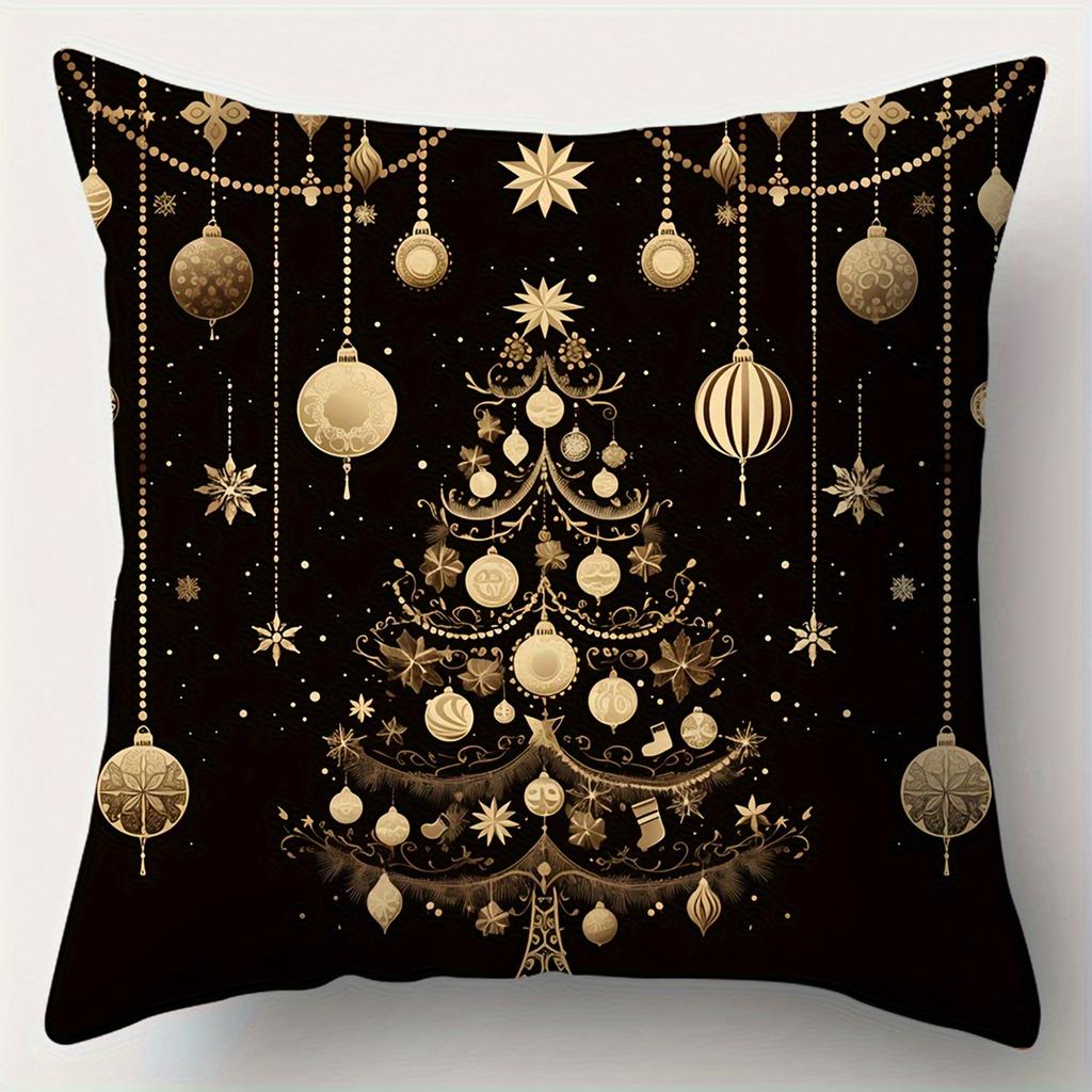 4-Piece Christmas Pillow Covers, Black Gold Print, Soft Fabric, Zipper Closure, For Holiday Home Decor
