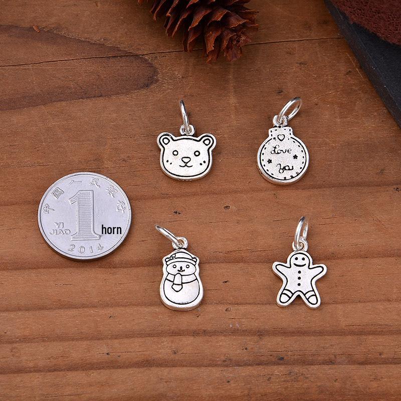 Sterling Silver Cartoon Charms: Gingerbread Man, Snowman, Teddy Bear, Light Bulb - Thai Silver Jewelry DIY Bracelet Accessories.