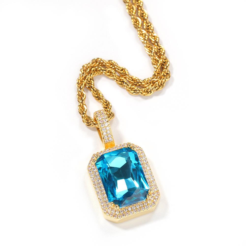 Hip Hop Trendy Brand Colorful Square Solid Retro Pendant Necklace Personalized Diamond Ins Style New Product