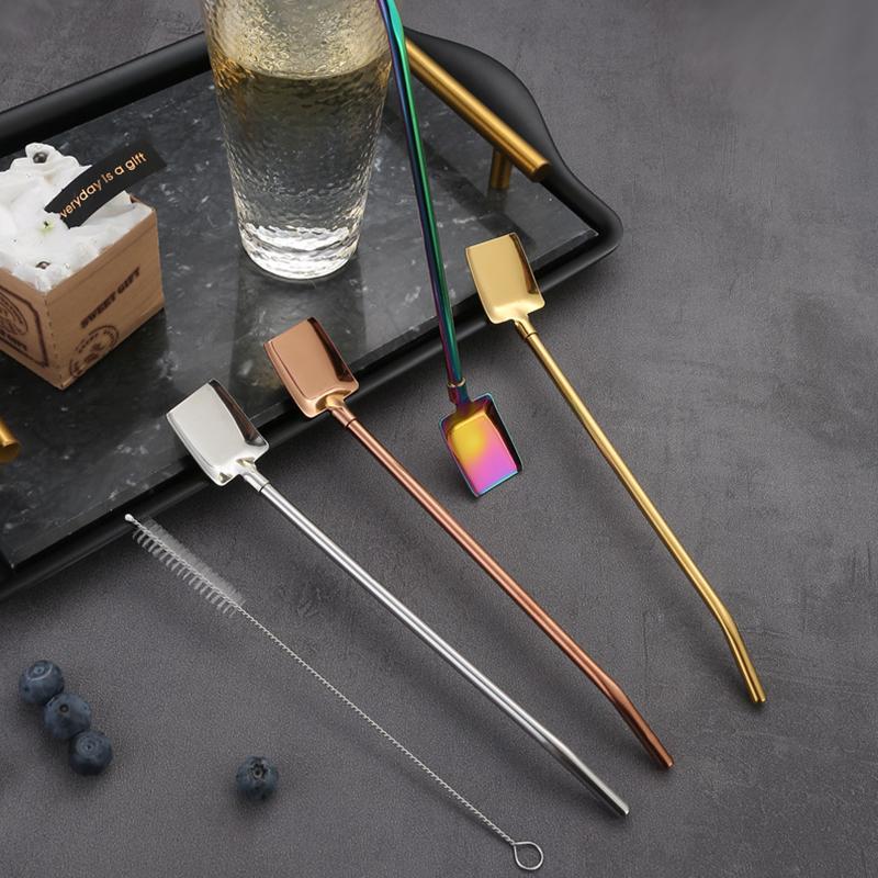 Stainless Steel Straw Spoons, Innovative Dessert Kitchen Tools, Shovel Spoon Straws For Bar Use