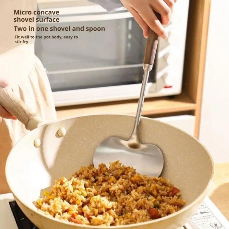 Edelstahl Wok Pfannenwender Holzgriff Kochspezifischer Kochlöffel Lange Pilzschaufel Küchenzubehör Wender Suppenlöffel