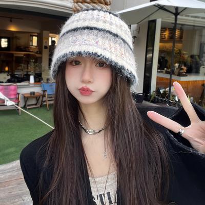 Contrast Color Splicing Plush Knitted Hat Women's New Autumn and Winter Fashion Temperament Show Face Small Ear Protectors Wool Bucket Hat