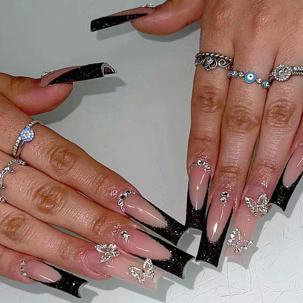 24Pcs Long Square Press On Nails Leopard Print French 3D Cherry Design False Nail Rhinestone Wearable Full Cover Fake Nails Tips