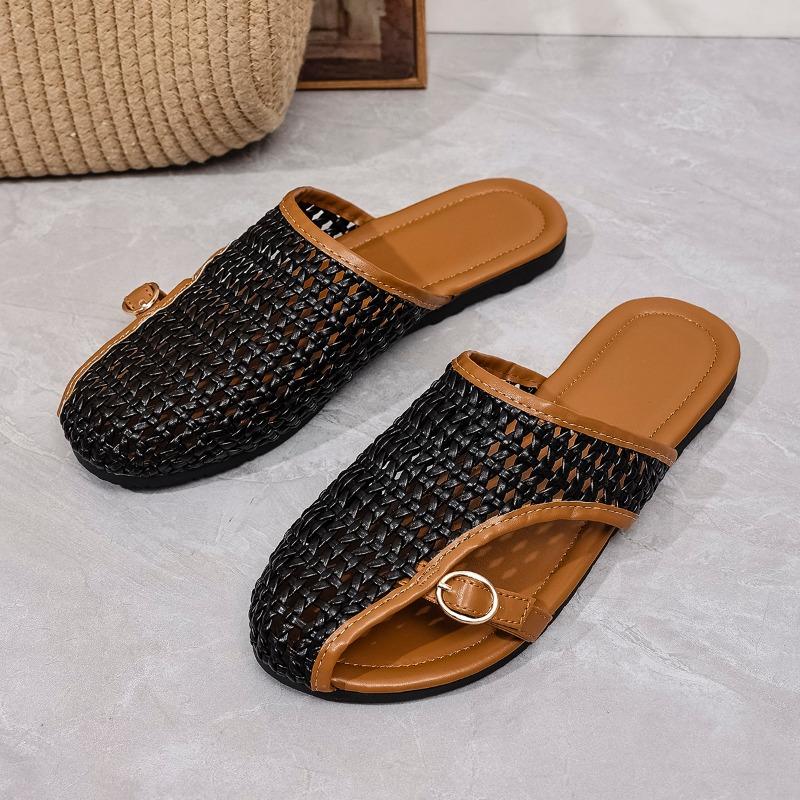 Fashion Flat Slippers Summer New Round Head Deep Mouth Metal Buckle Net Surface Soft Sole Anti-slip Wear-resistant Sandals