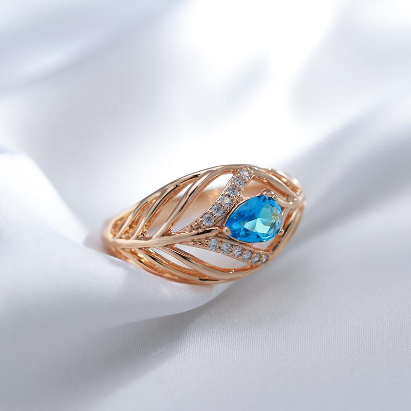 Gold Color Hollow Design Blue Zircon Geometric Rings for Women Vintage Fashion Jewelry