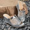 Women'S Elegant Slip-On Wedge Sandals with Glittery Sequin Lace Detail, Open-Toe Platform Heel & PU Cover Upper - Versatile Casual To Formal Shoes