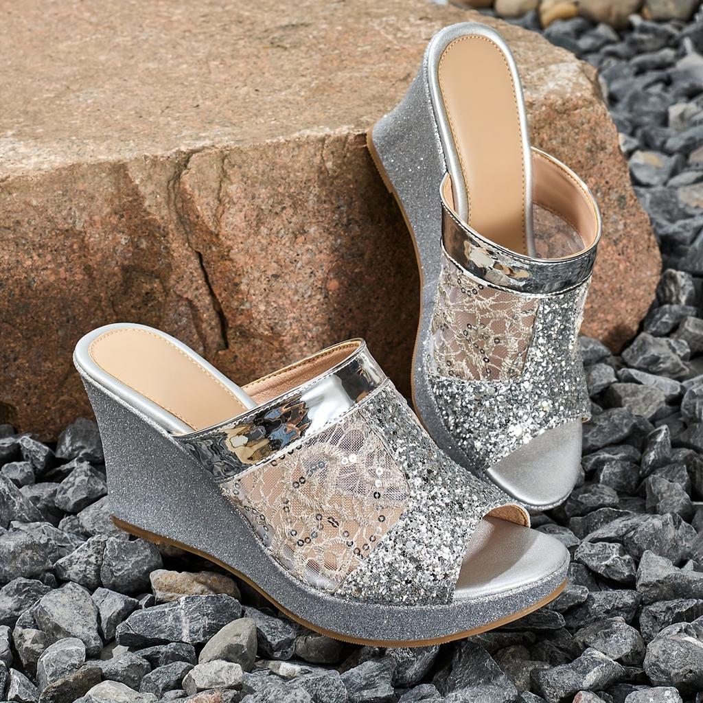 Women'S Elegant Slip-On Wedge Sandals with Glittery Sequin Lace Detail, Open-Toe Platform Heel & PU Cover Upper - Versatile Casual To Formal Shoes