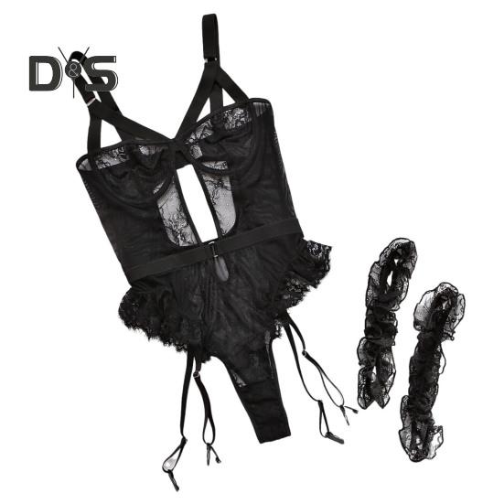Women Sexy Bodysuit with Thigh Rings Backless Sleeveless Hollow Out Thin See-through Lace Flower Embroidery Spaghetti Strap Skinny Lady Wedding Night