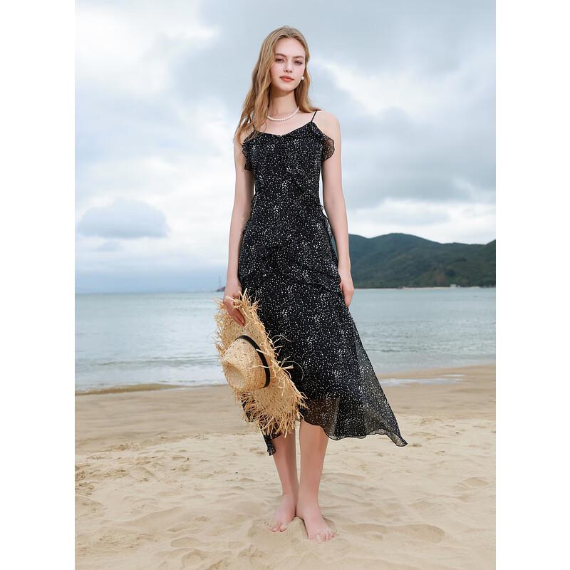 

Sancai 2025 Летнее Макси-платье на бретелях из шифона с оборками и принтом в горошек S