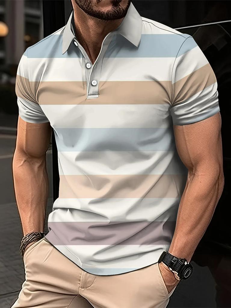 Men's Summer Short Clothes Sleeved Lapel 3D Digital Printed Striped Polo Shirt Men's Fashion Business Casual Top Clothes