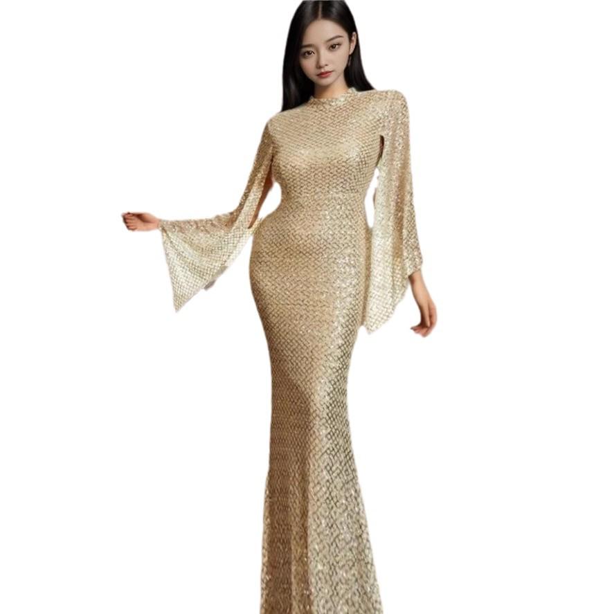 2024 Elegant Gold Sequin One-Shoulder Evening Gown for Autumn Banquets and Annual Meetings