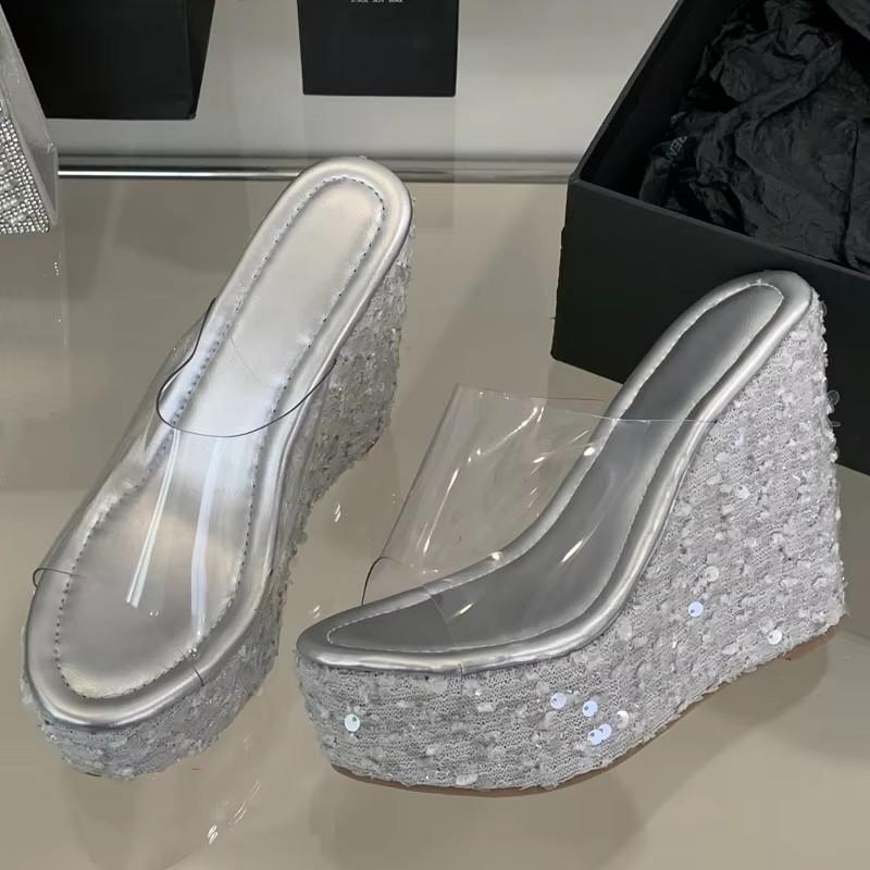 Mode Eilyken Bling Paillettenstoff Plateau Keilabsatz Damen Hausschuhe Sommer PVC Transparent Offene Zehen High Heels Bankett Party Schuhe
