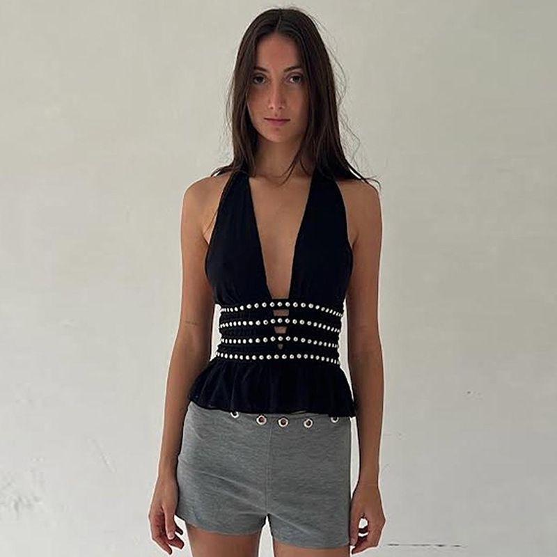 Hanging Neck Vest Iron Nail Deep V Halterneck Vest Fashion Silm Sexy Cutout Sexy Open Back Tops