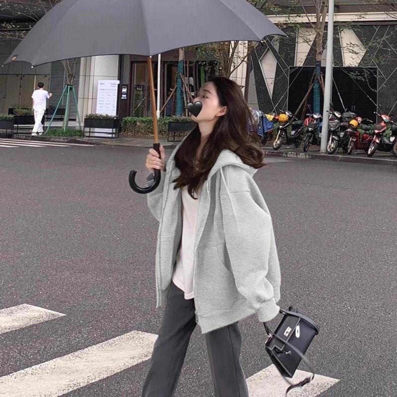 Korejský Oversized Mikinový Svetr s Kapucí pro Ženy - Podzim/Zima Sametový Silný Top v Uvolněném Stylu