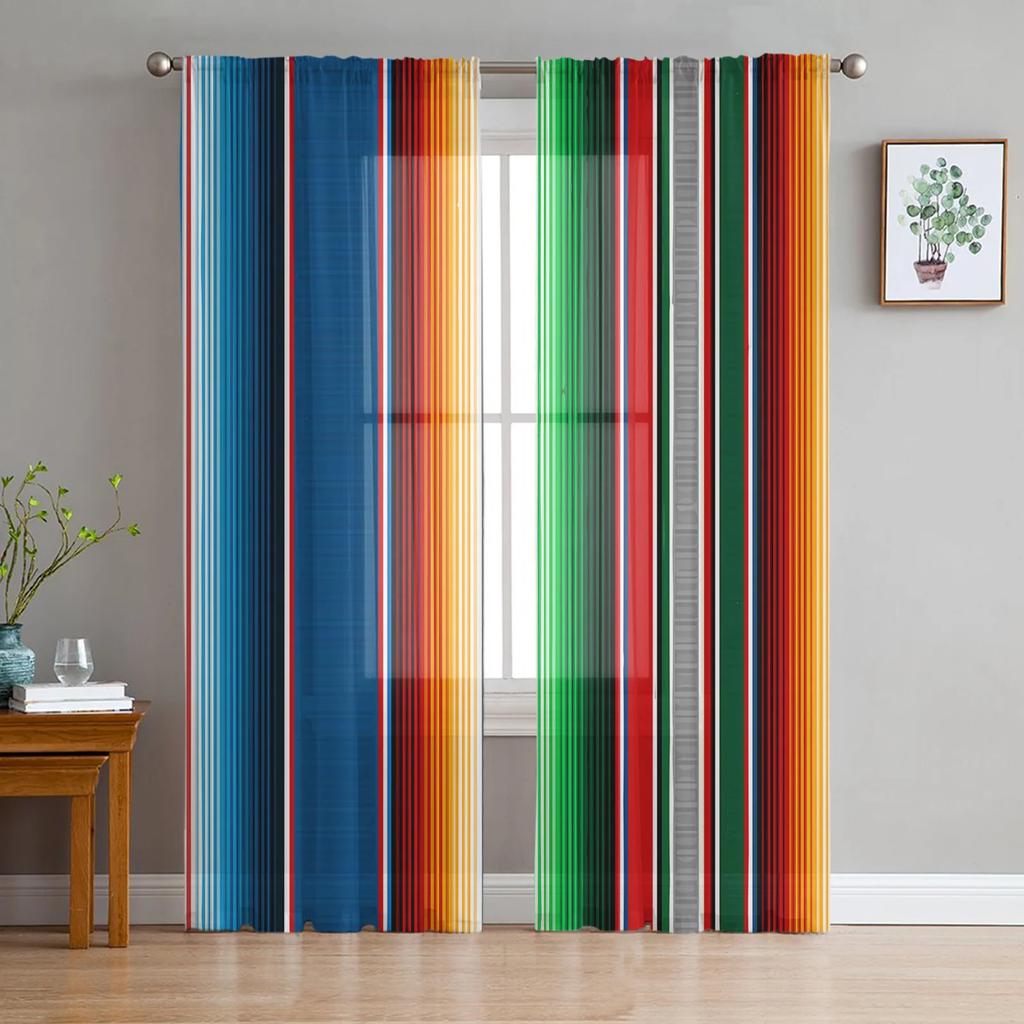 Mexican Stripes Colorful Stripes Sheer Curtains for Living Room Decoration Window Curtain Kitchen Tulle Voile Organza Drapes