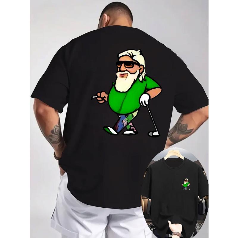 New Summer Men's Casual Printed T-Shirt with Ribbed Crew Neck and Short Sleeves, Double-Sided Print on Front and Back, "Golfing Old for Man" Print