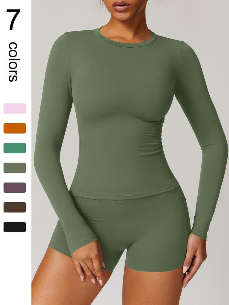 Women's Elastic Long Sleeve Shorts Yoga Suit for Spring/Summer - Tight Fit for Pilates, Running, Fitness