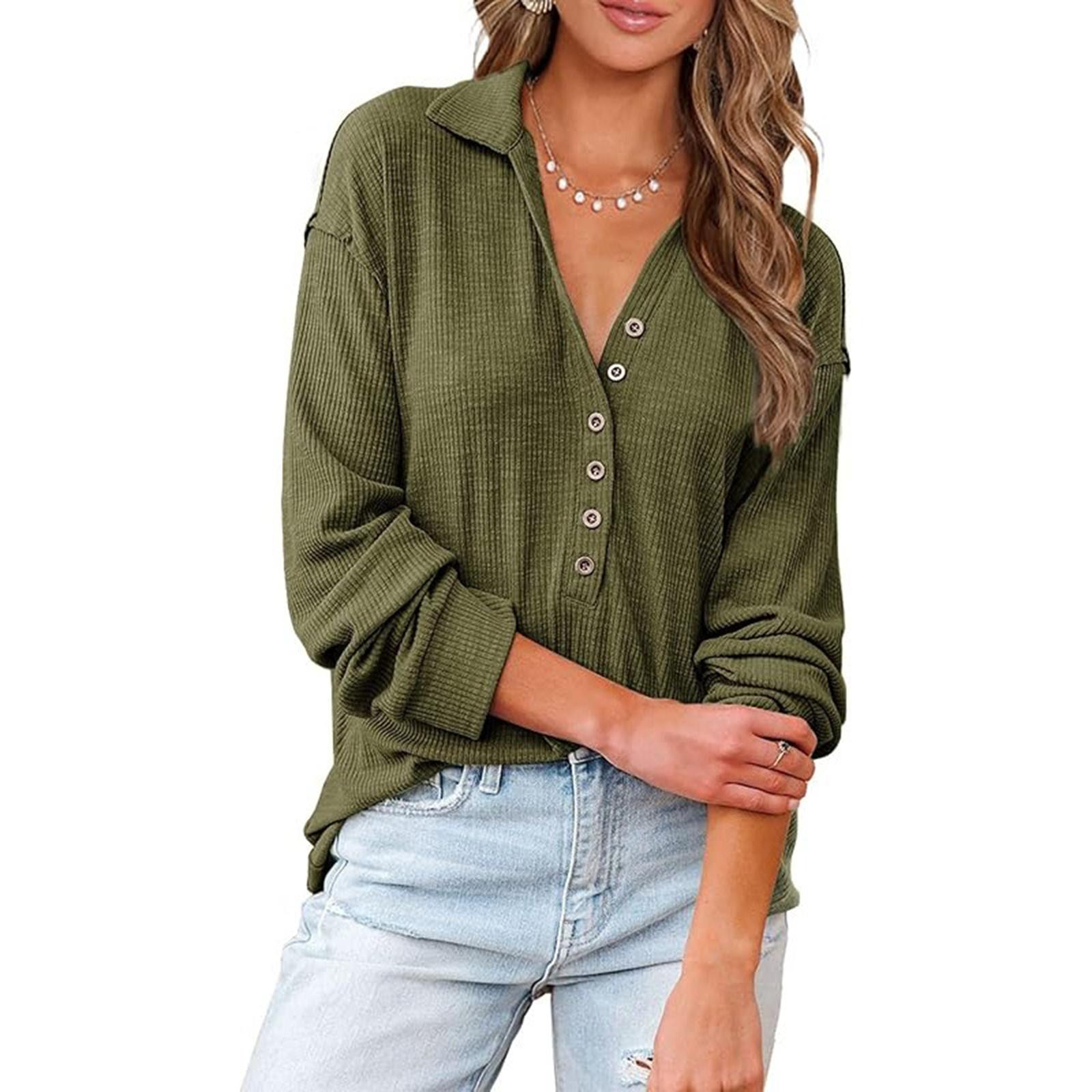 

Women s Casual Loose-Fitting Long-Sleeved Shirt Solid Color Button-Up Top L