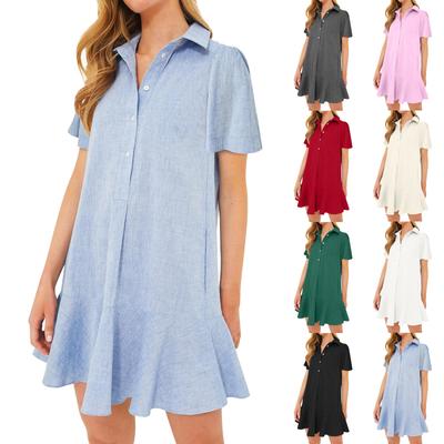 Women's Fashion Casual Half Open Shirt Hem Ruffle Solid Color Short Sleeve Dresses