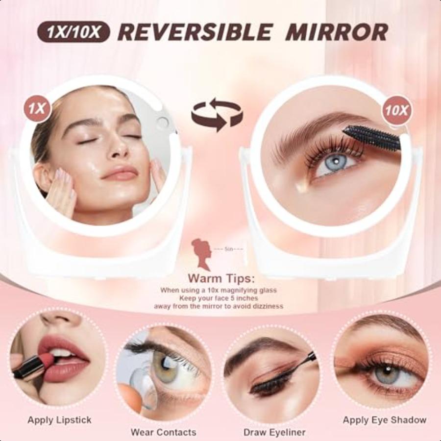 Makeup Vanity Mirror with Lights 10x 1x Magnifying Mirror with 3 Colors Light 360Rotation HD Magnifying Mirror LEDs 1500 mAh Re