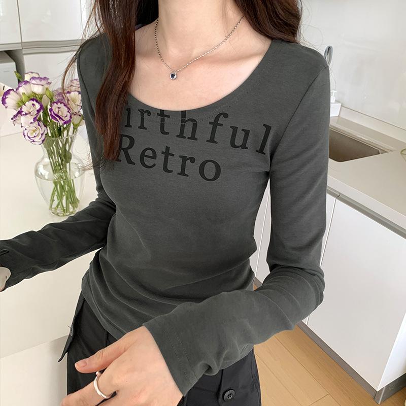 

Футболка с длинными рукавами и большим круглым вырезом на правом плече с буквенным принтом Pure Desire для похудения, женская, ранняя осень, универсальные верхние и нижние рубашки XL