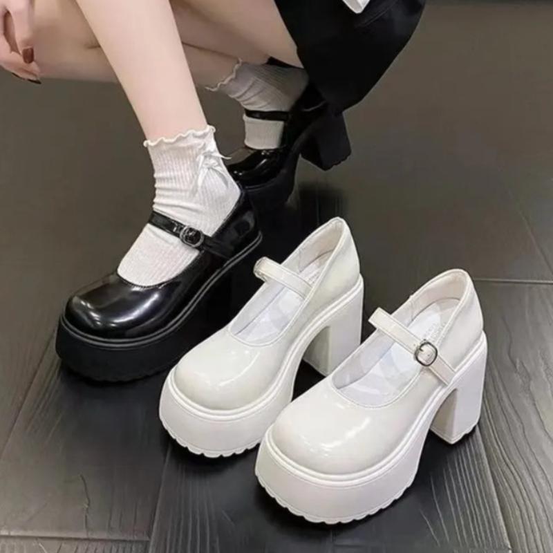 Women's Versatile Thick Heeled Shoes Fashion Buckle Pumps Mary Jane Shoes Ladies White Lolita Shoe Retro Leather Footwear Mujer