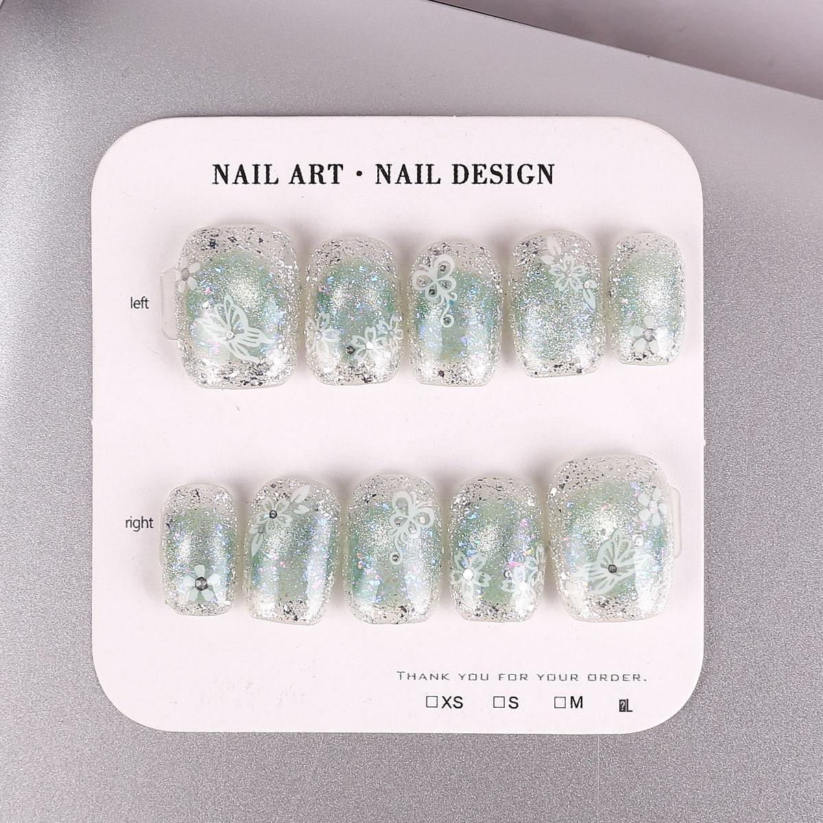 

Прозрачные Глиттерные Ногти-Бабочки Кошачий Глаз - Средне-Короткие Бестселлер Маникюрные Типсы, Изысканные Короткие Ногти Ручной Работы XS with 5-piece tool set