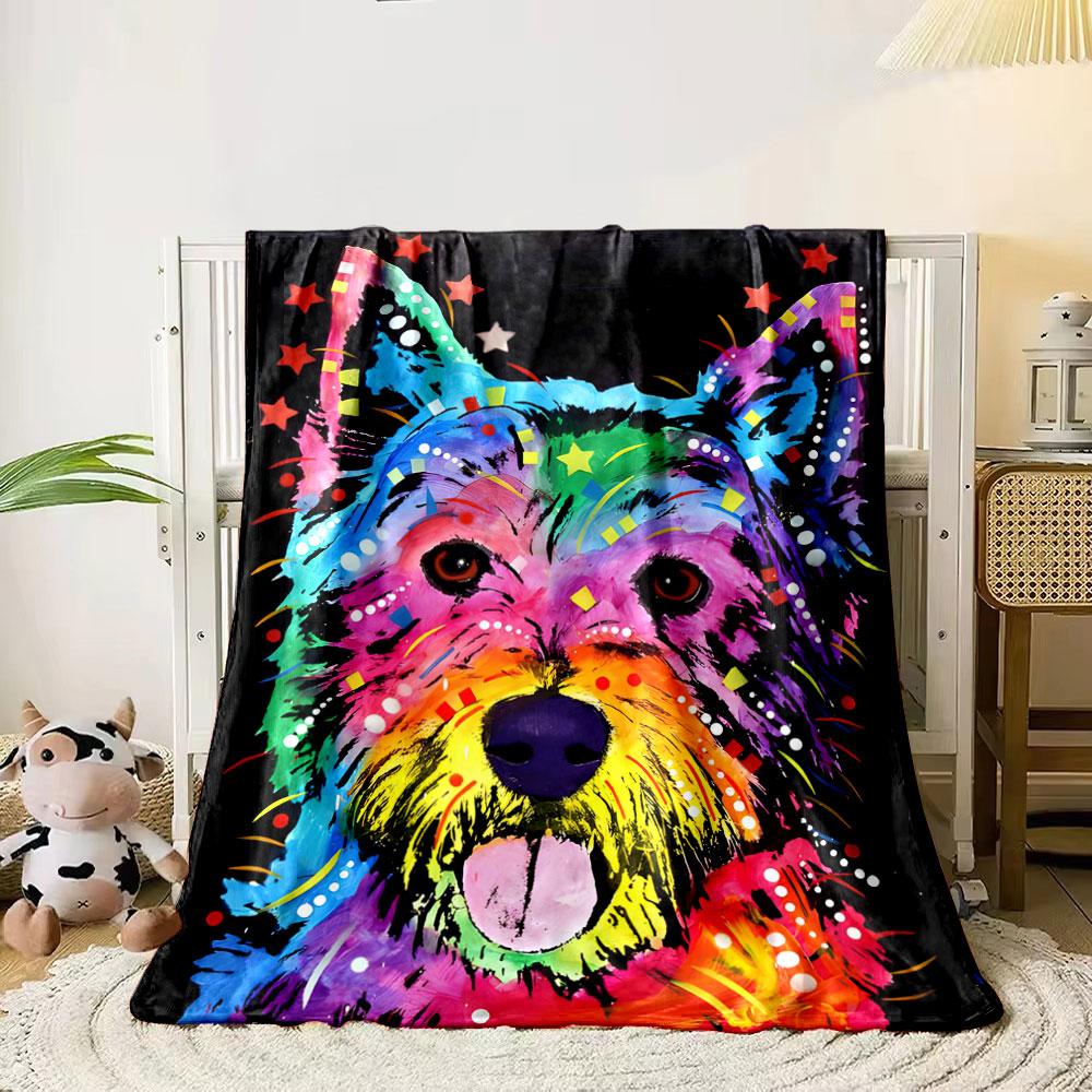 

Colorful dog portrait with vibrant patterns, stars, dots, and streaks. for all seasons blanket lunch break throw gift 80cm x 120cm
