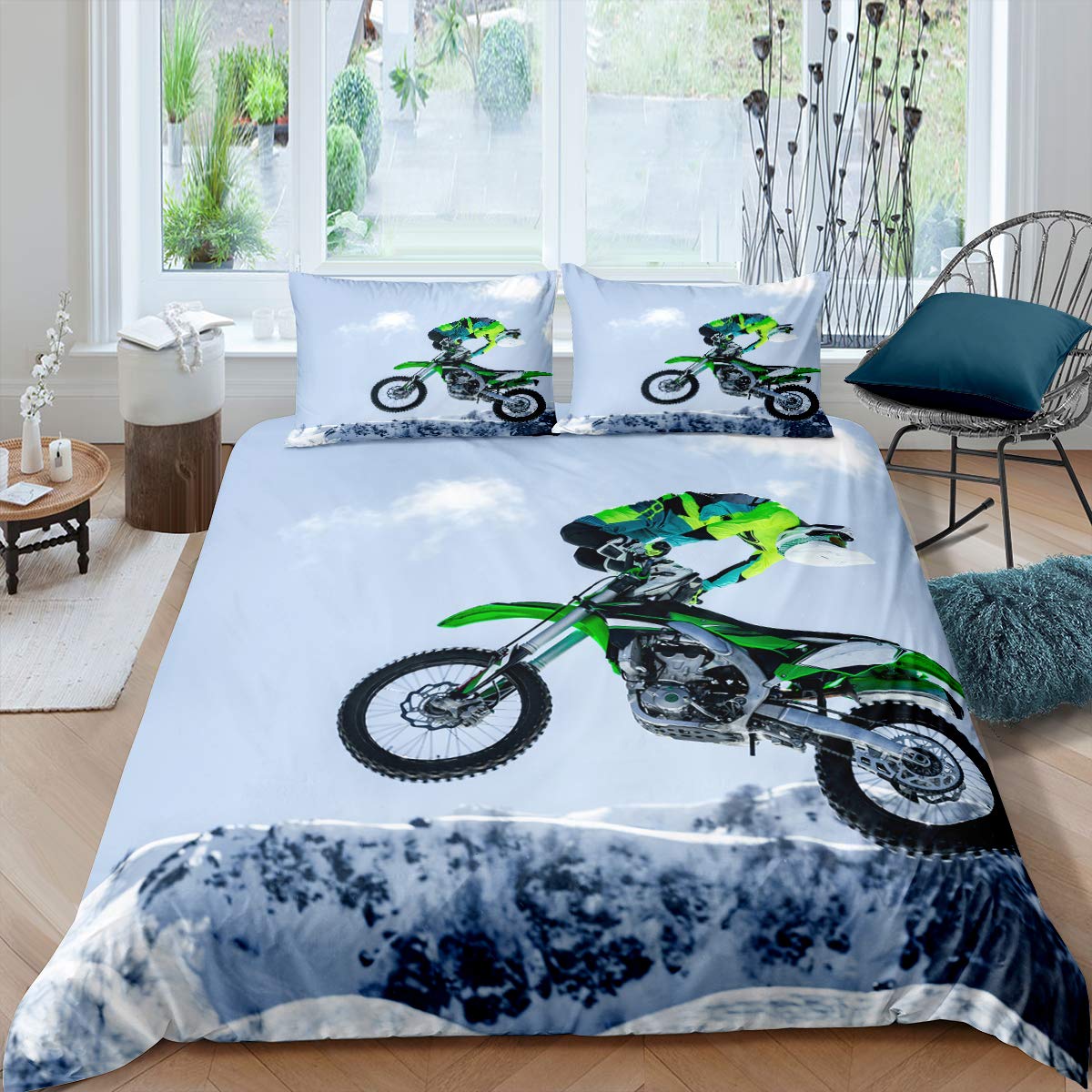 Motorfiets Dekbedovertrek Set Eenpersoons Maat Motocross Rijder Beddengoed Set Race Motorfiets Dirt Bike Extreme Sport Polyester Dekbedovertrek 228x228cm 3pcs