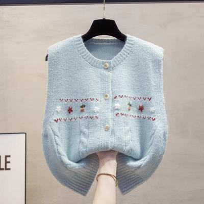 Handmade Floral Round Neck Knit Vest - Sleeveless Women's Sweater with Shoulder Pads for Autumn/Winter 2025