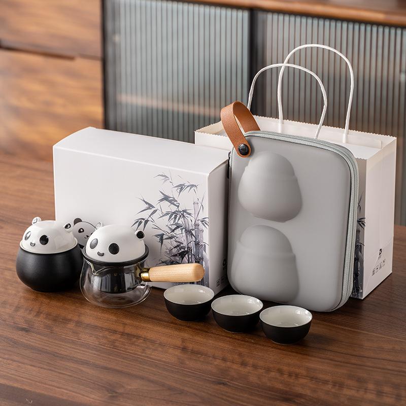 Panda merchandise side handle a pot of three cups travel tea set light luxury modern suet jade porcelain business commemorative gift